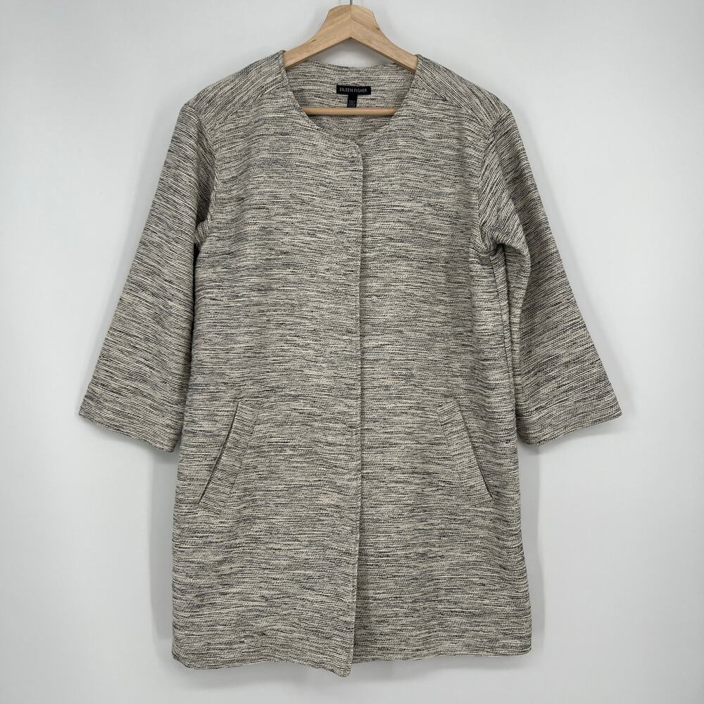 Eileen Fisher Woven Cotton Twist Jacket Ecru Woven Small Cream Black Hidden Snap